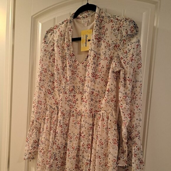 Romantic bohemian tiny floral chiffon sleeves summer dress lined hi low hem S - Picture 12 of 16